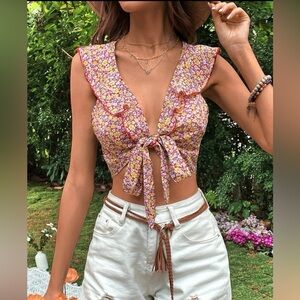 Fun floral crop top ties in front